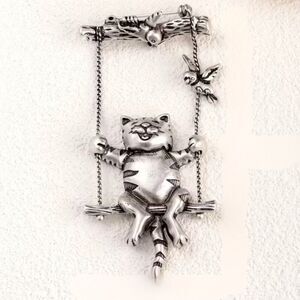 Cat Brooch Vintage Inspired Cat on Tree Swing-Movable Whimsical Playful Jewelry